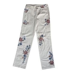 Sundance Embroidered Floral Cargo Pants Womens Size 2 Cream Spring Straight Leg
